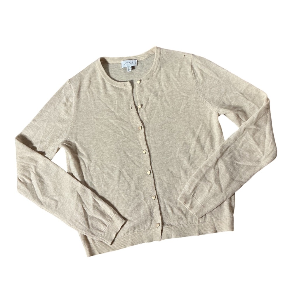 Lucy Paris Heart Button Wool Cardigan Womens M Beige Coquette Knit Crew Neck